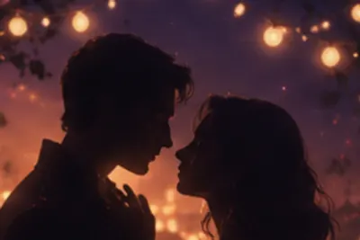 An example photo of a couple, close together under warm evening lights.