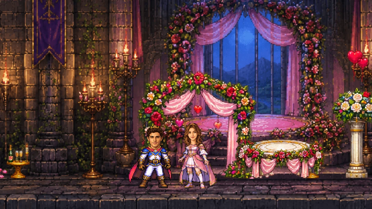 The personalized prince and princess standing together under the rose arch in the game.