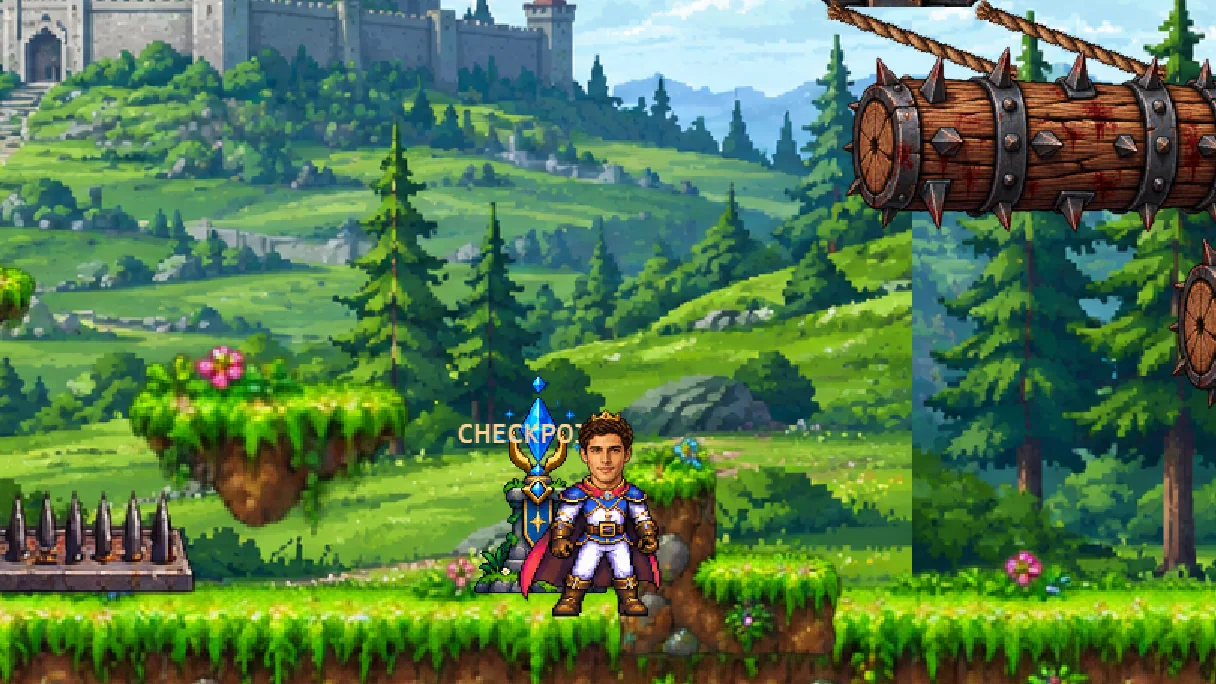 The prince crosses forest traps with spikes and swinging spiked logs.