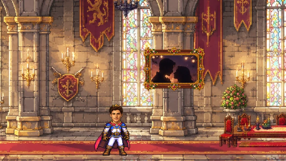A memory photo hanging in a gilded frame on the castle hall wall as the prince walks past.