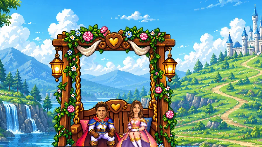 The prince and princess together on a rose swing beneath the castle.