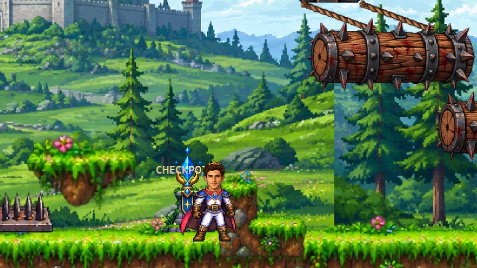 The prince crosses a forest trap course with spikes and swinging spiked logs.