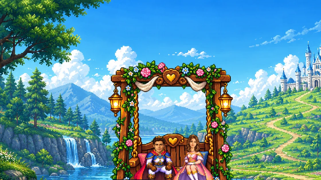 The prince and princess together on a rose swing beneath the castle.