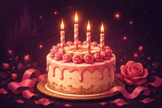 A pink birthday cake with lit candles, roses and ribbons.