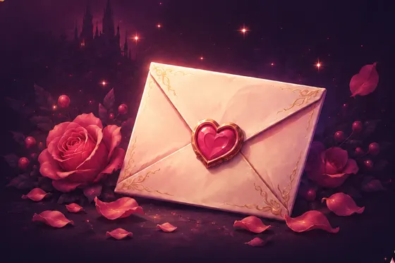 A sealed love letter with a heart seal, surrounded by roses.
