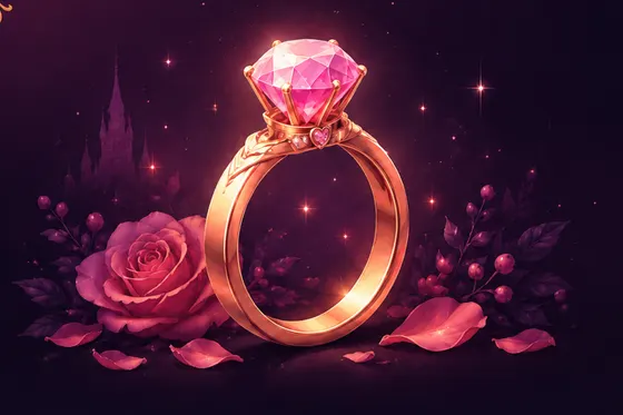 A pink jeweled engagement ring beside a rose and scattered petals.